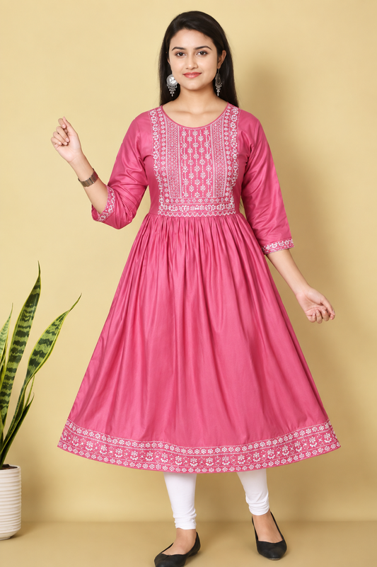 Pink Embroidered Anarkali Kurti for Women