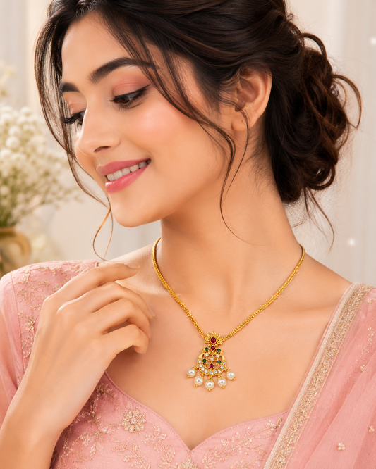 CZ Gold Plated Pendant Necklace for Women | Cubic Zirconia Pearl Drop Necklace | Traditional Party Wear Jewellery