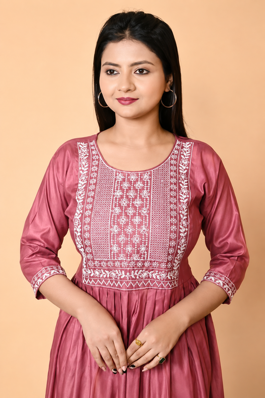 Dusty Rose Embroidered Anarkali Kurti for Women