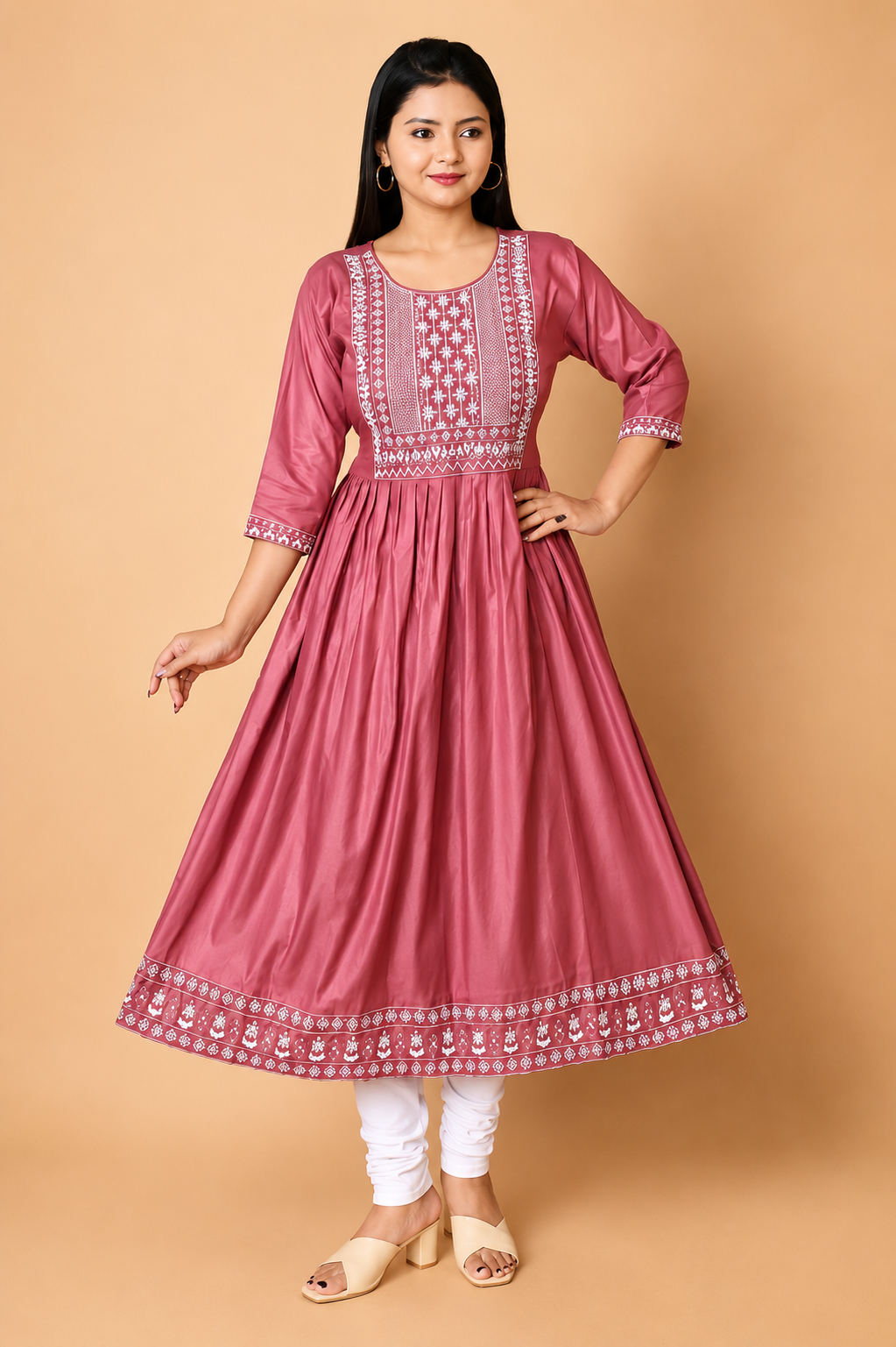 Dusty Rose Embroidered Anarkali Kurti for Women