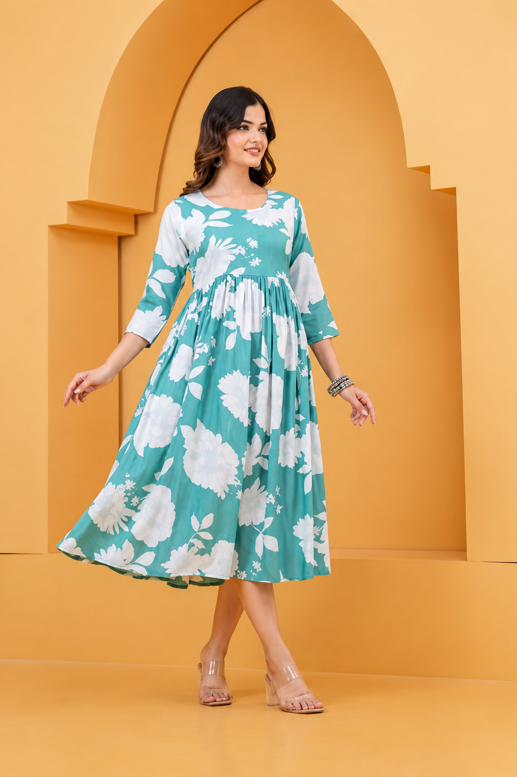 Mint Green Floral Anarkali Kurti for Women