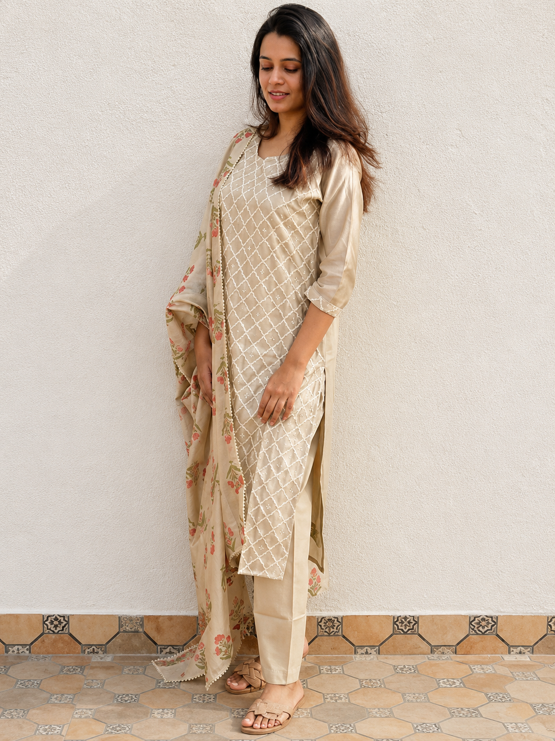 Zinariya Fab Beige Kurta Pant & Dupatta Set for Women