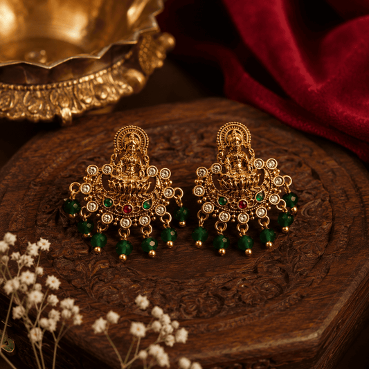 Lakshmi Temple Green Bead Chandbali Earrings