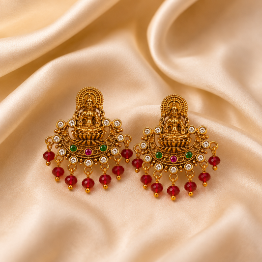 Lakshmi Temple Red Bead Chandbali Earrings