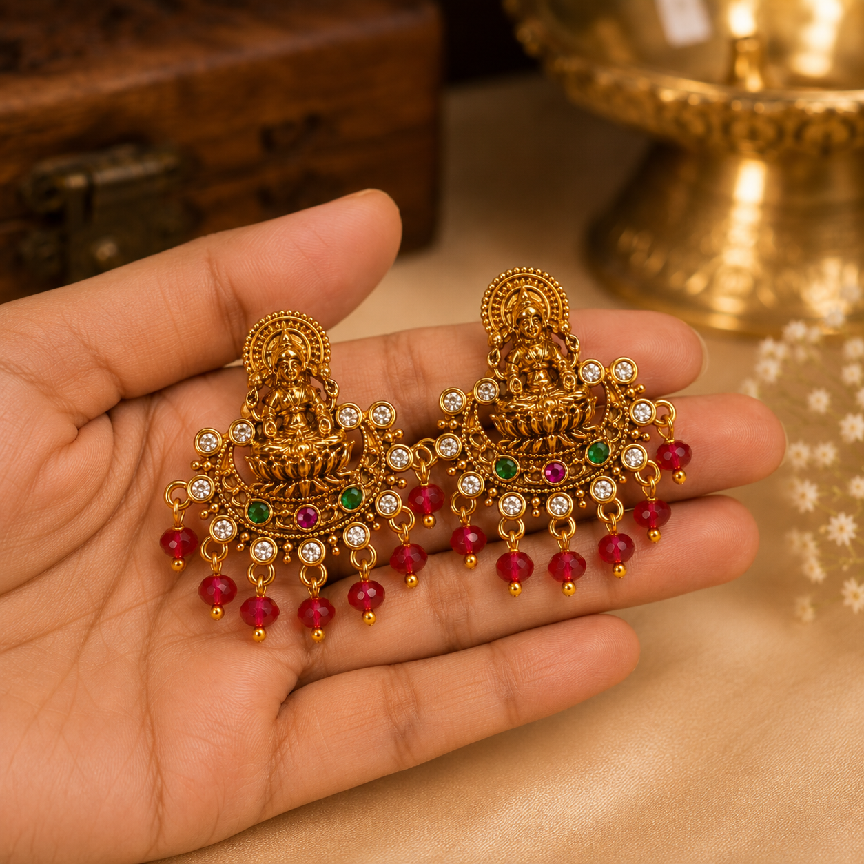 Lakshmi Temple Red Bead Chandbali Earrings