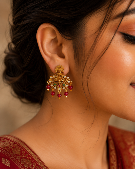Lakshmi Temple Red Bead Chandbali Earrings