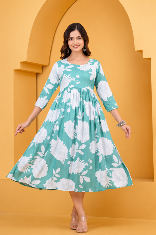 Mint Green Floral Anarkali Kurti for Women