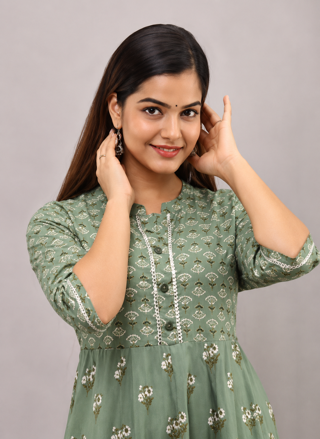 Sage Green Printed Anarkali Kurta for Women
