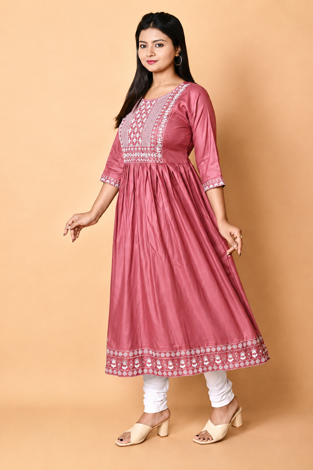Dusty Rose Embroidered Anarkali Kurti for Women