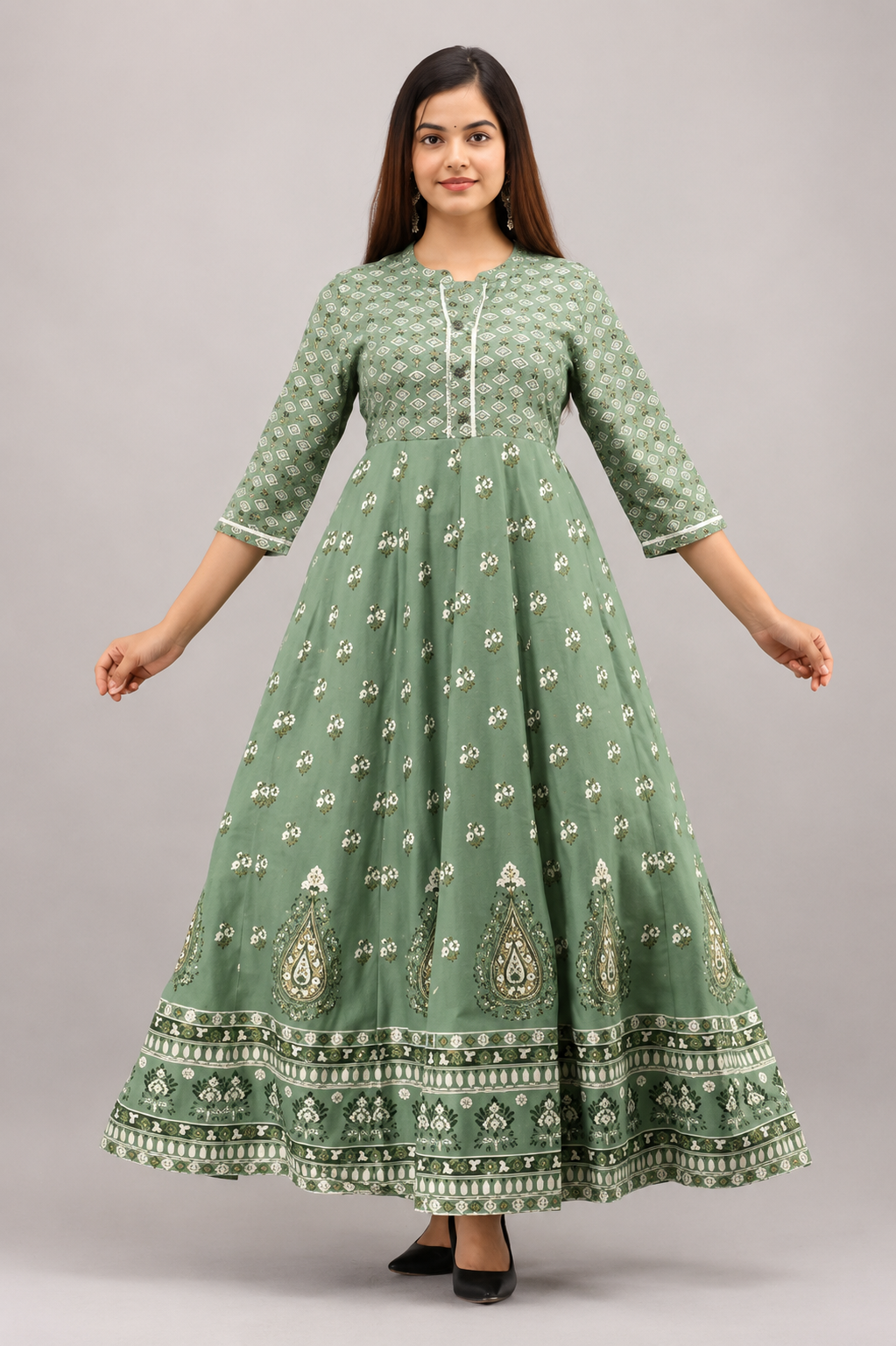 Sage Green Printed Anarkali Kurta for Women