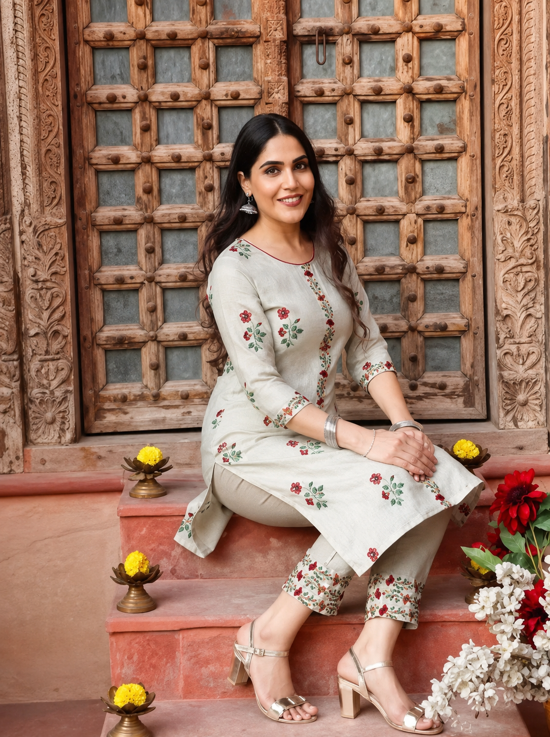 Women Kurta Set with Emrodary Work Fancy Kurti with Bottom