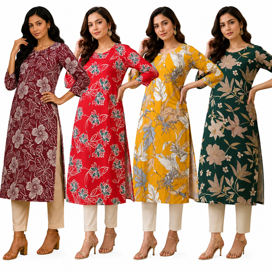 Women Printed Crepe Kurtas Combo Pack of 4