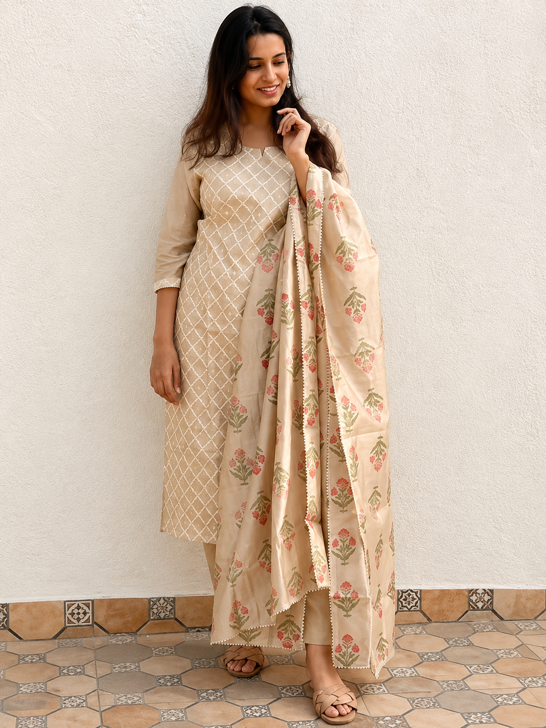Zinariya Fab Beige Kurta Pant & Dupatta Set for Women