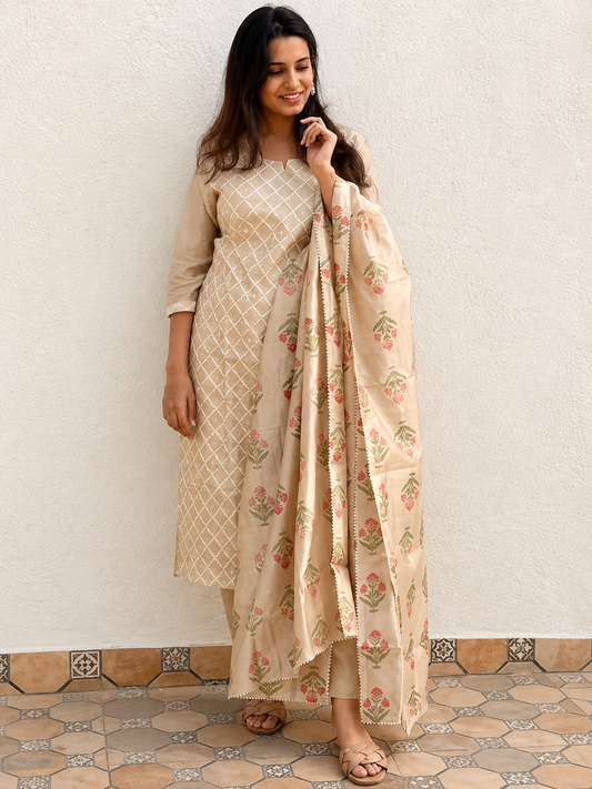 Zinariya Fab Beige Kurta Pant & Dupatta Set for Women