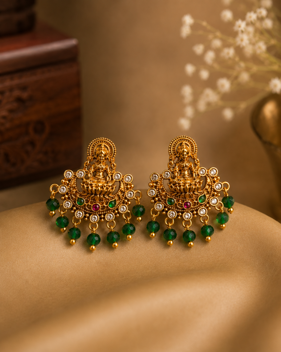 Lakshmi Temple Green Bead Chandbali Earrings