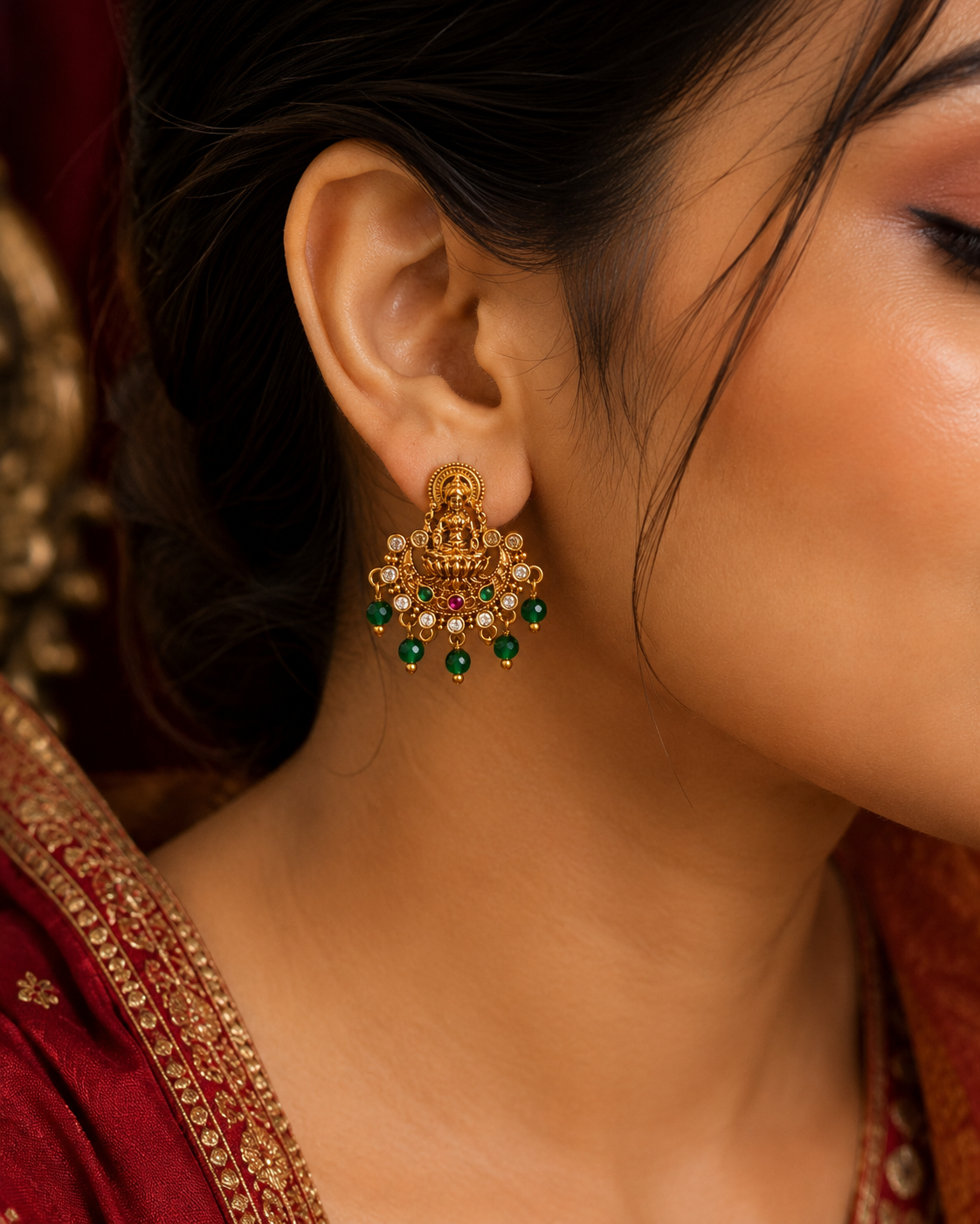 Lakshmi Temple Green Bead Chandbali Earrings